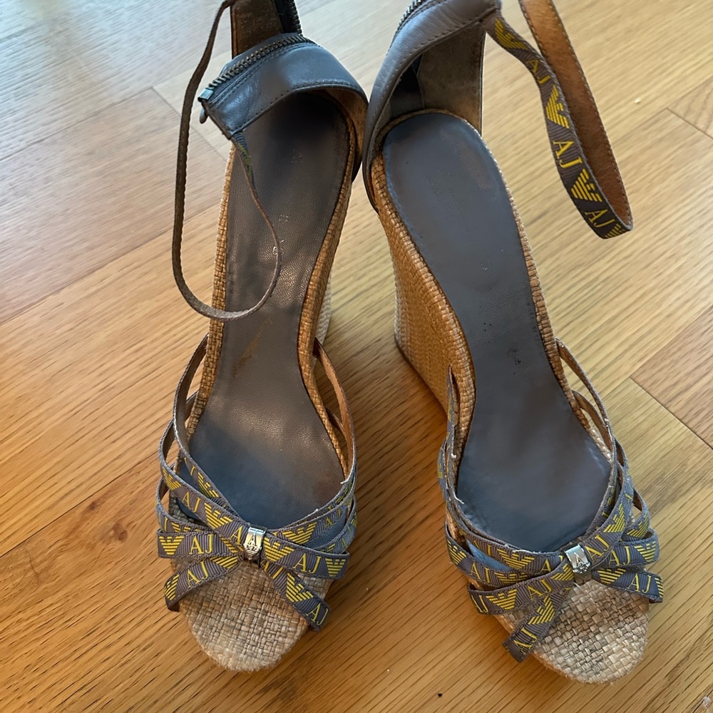Armani Exchange Black and Brown Wedge Sandals